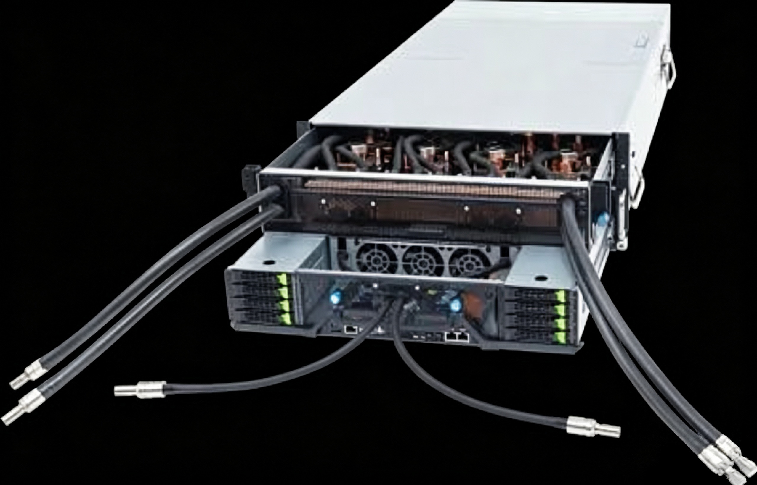 Rear view of liquid-cooled GPU server