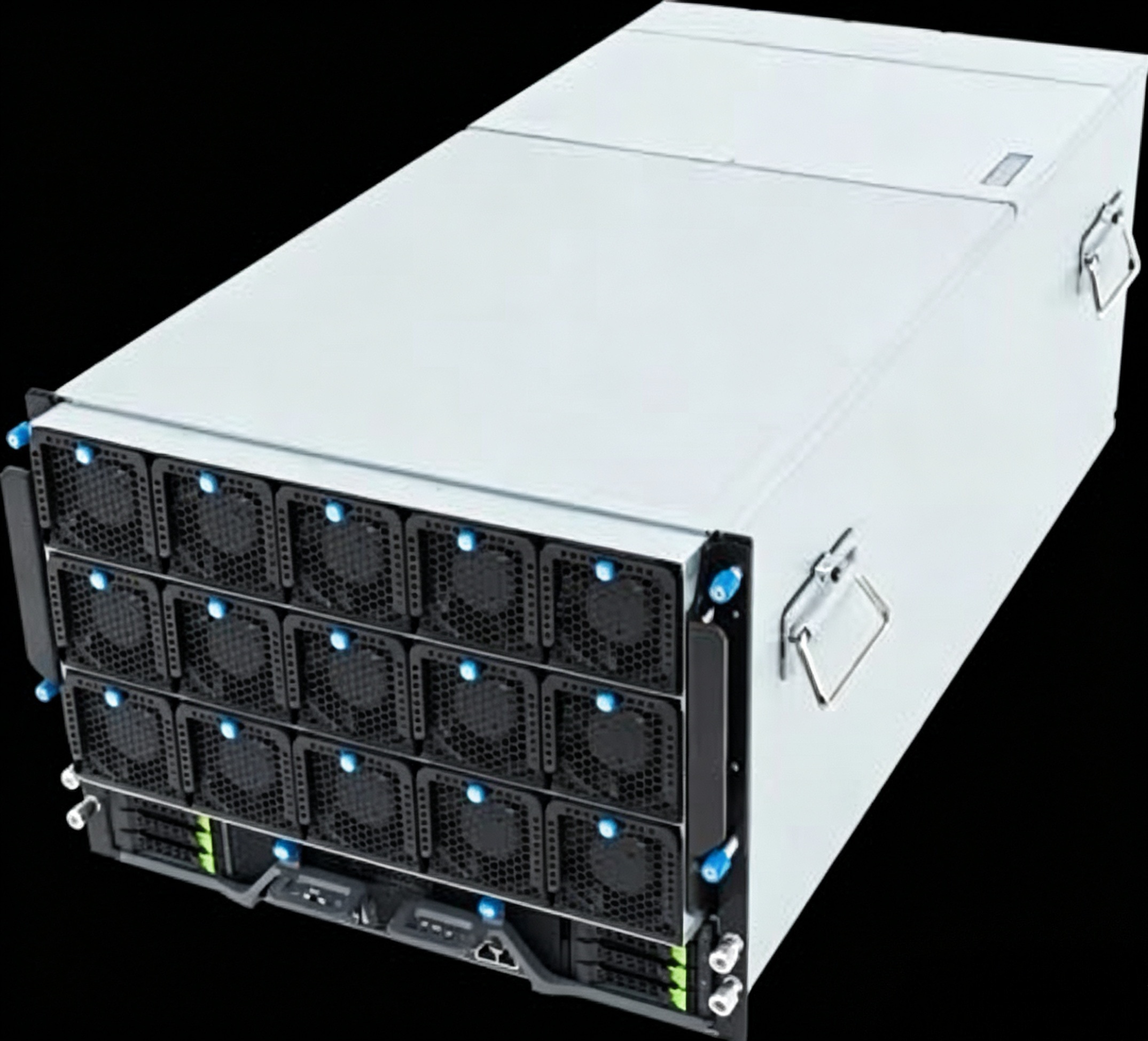 Front view of white GPU server chassis